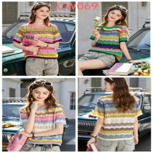 Women's Knitwear Women's Rainbow-Stripe Open-Knit Short-Sleeve Top
