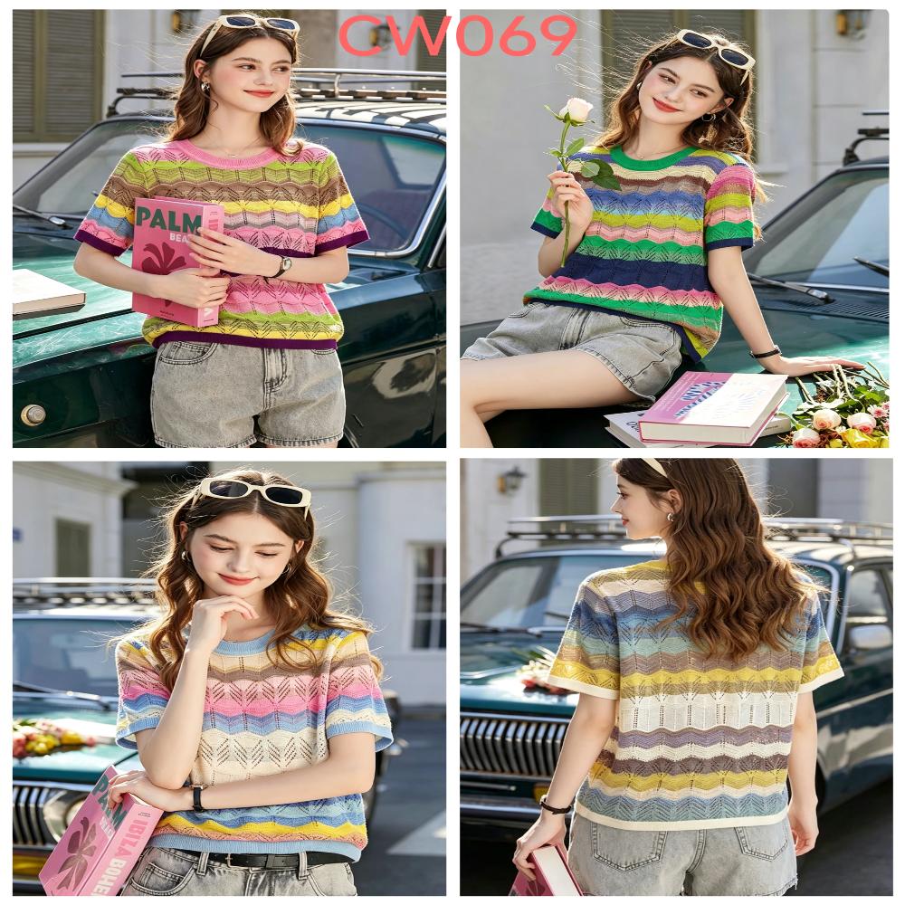 Women's Knitwear Women's Rainbow-Stripe Open-Knit Short-Sleeve Top