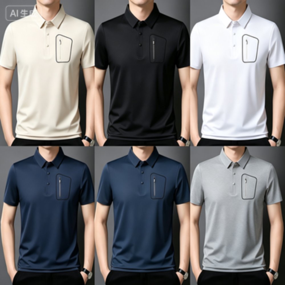 Men's Business Polos Men's Seamless Ice-Silk Zip-Pocket Polo Shirt