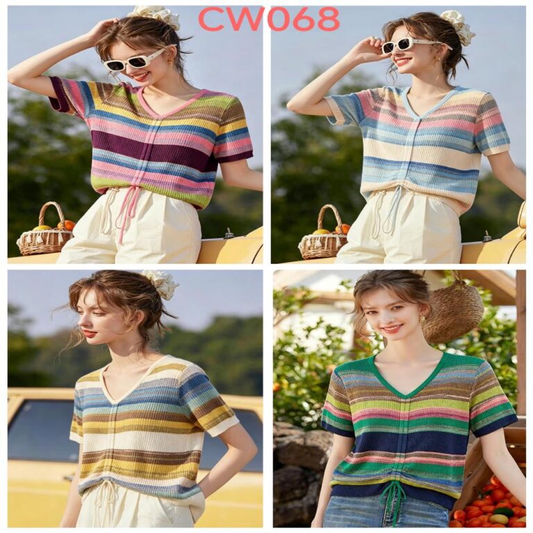 Women's Knitwear Women's Drawstring V-Neck Rainbow-Stripe Knit Top