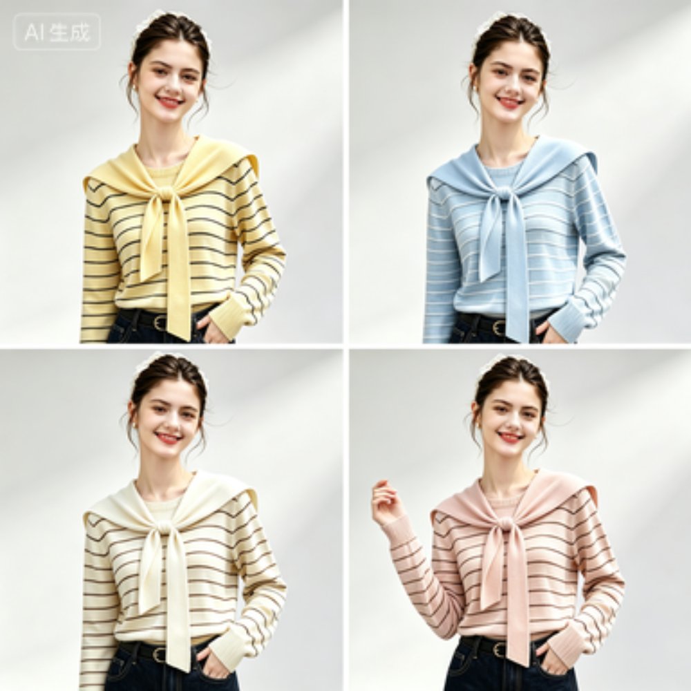 Women's Knitwear Women's French-Style Striped Knit Top with Tie-Shoulder Wrap